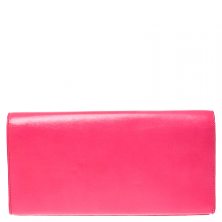 Pre Owned Saint Laurent Neon Pink Leather Cassandre Clutch