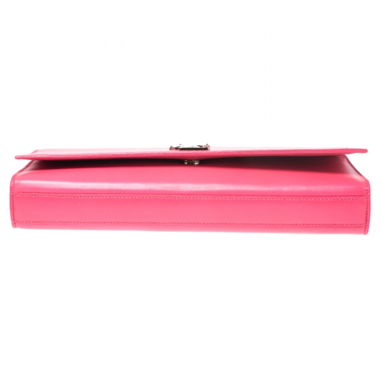 Pre Owned Saint Laurent Neon Pink Leather Cassandre Clutch