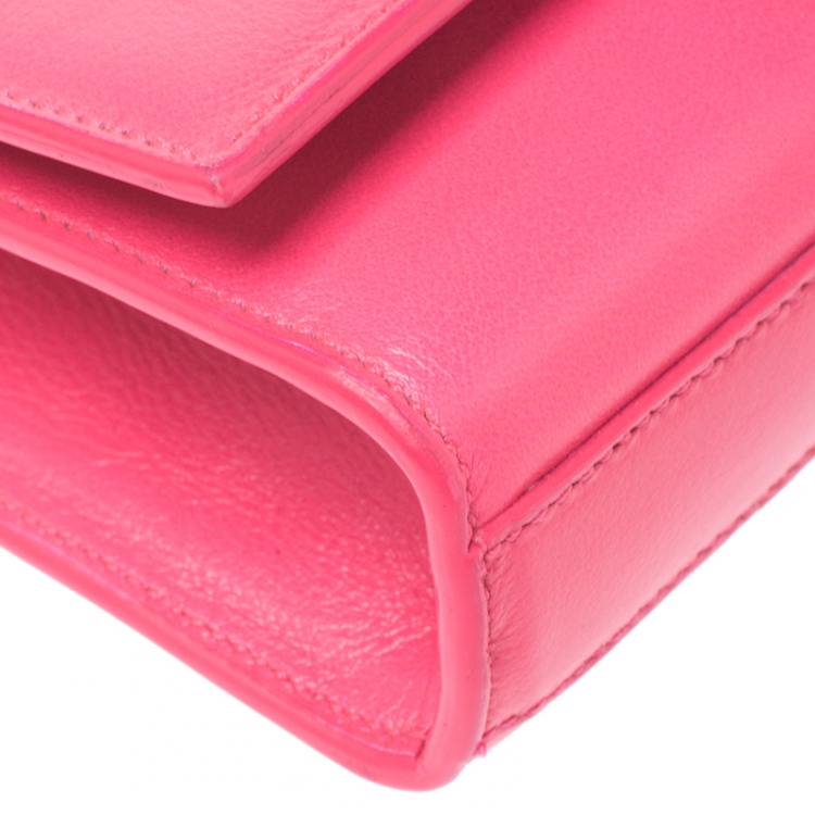 Pre Owned Saint Laurent Neon Pink Leather Cassandre Clutch