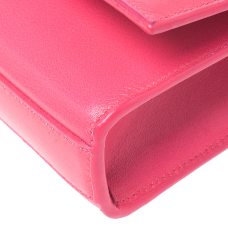 Pre Owned Saint Laurent Neon Pink Leather Cassandre Clutch