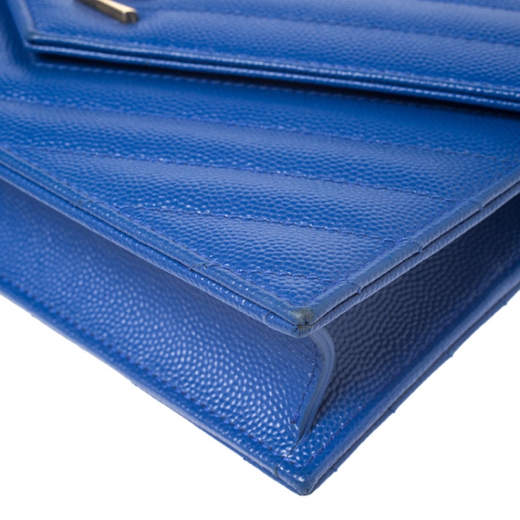 Pre Owned Saint Laurent Paris Blue Chevron Leather Monogram Envelope Wallet On Chain