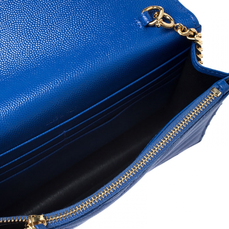 Pre Owned Saint Laurent Paris Blue Chevron Leather Monogram Envelope Wallet On Chain