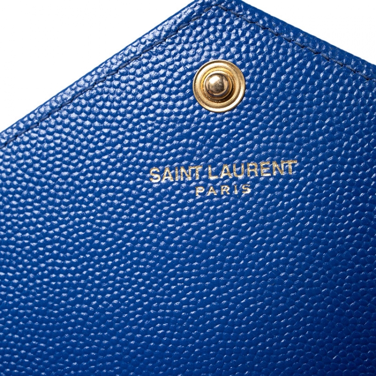 Pre Owned Saint Laurent Paris Blue Chevron Leather Monogram Envelope Wallet On Chain
