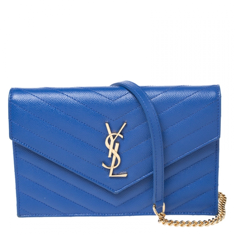 Pre Owned Saint Laurent Paris Blue Chevron Leather Monogram Envelope Wallet On Chain