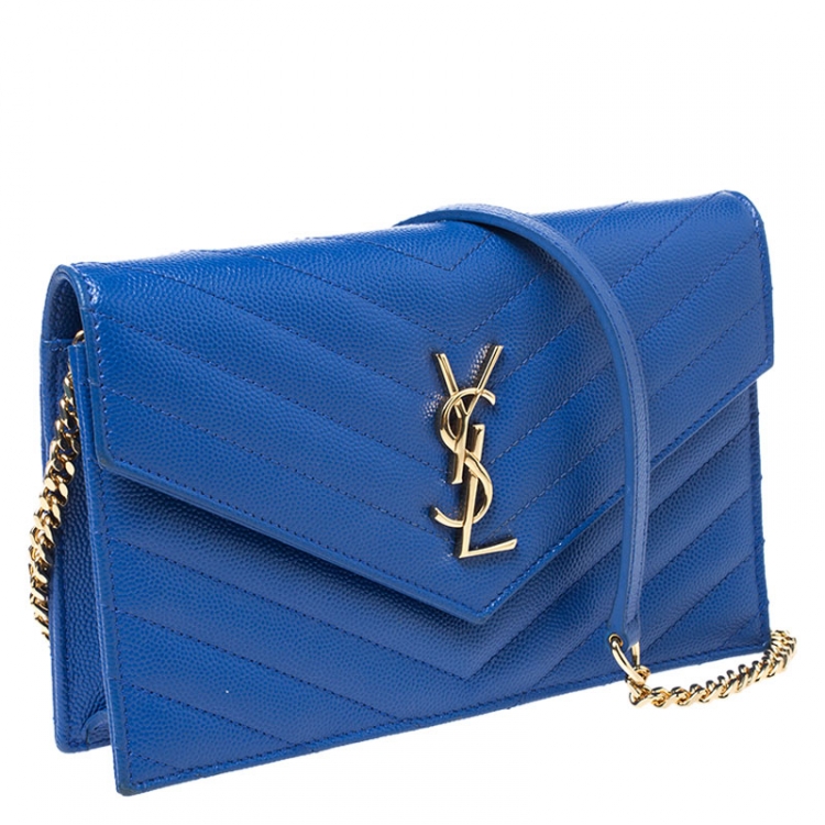 Pre Owned Saint Laurent Paris Blue Chevron Leather Monogram Envelope Wallet On Chain