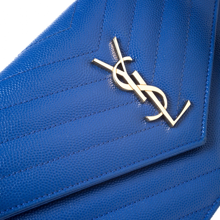 Pre Owned Saint Laurent Paris Blue Chevron Leather Monogram Envelope Wallet On Chain
