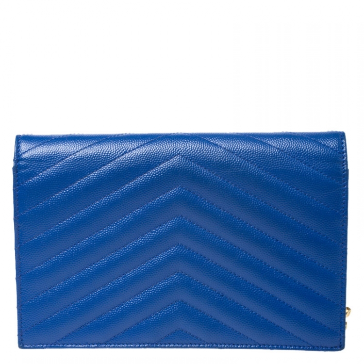 Pre Owned Saint Laurent Paris Blue Chevron Leather Monogram Envelope Wallet On Chain