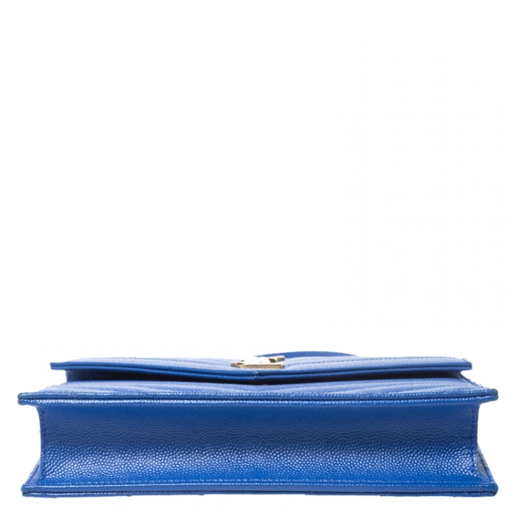 Pre Owned Saint Laurent Paris Blue Chevron Leather Monogram Envelope Wallet On Chain