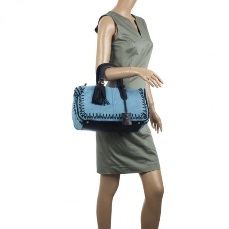 Pre Owned Yves Saint Laurent Light Blue Embroidered Boston Bag