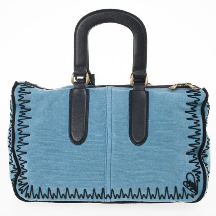 Pre Owned Yves Saint Laurent Light Blue Embroidered Boston Bag