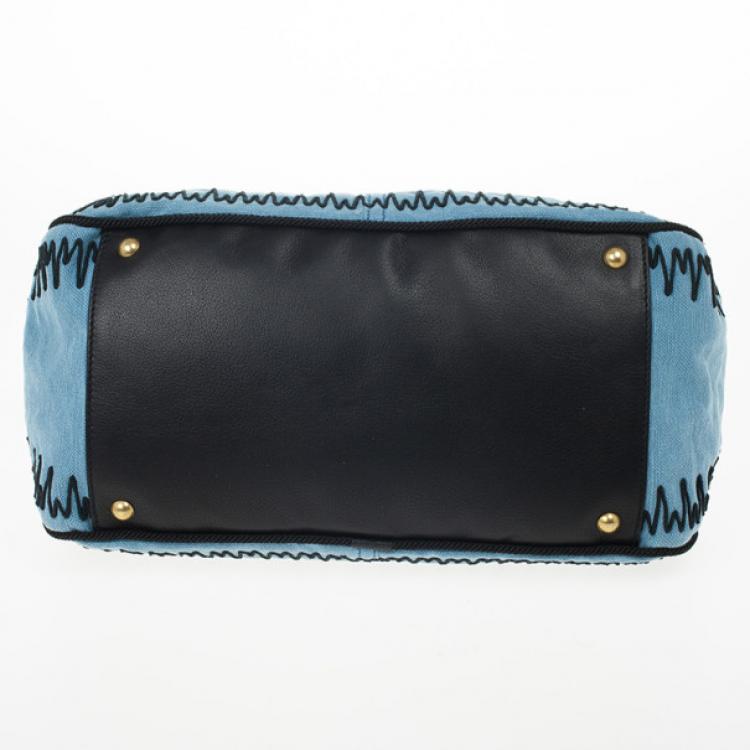 Pre Owned Yves Saint Laurent Light Blue Embroidered Boston Bag