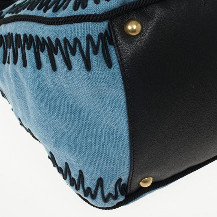 Pre Owned Yves Saint Laurent Light Blue Embroidered Boston Bag