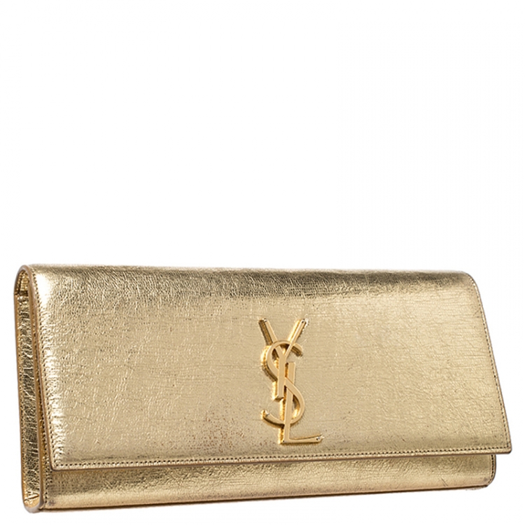 Pre Owned Saint Laurent Paris Gold Leather Monogram Cassandre Clutch