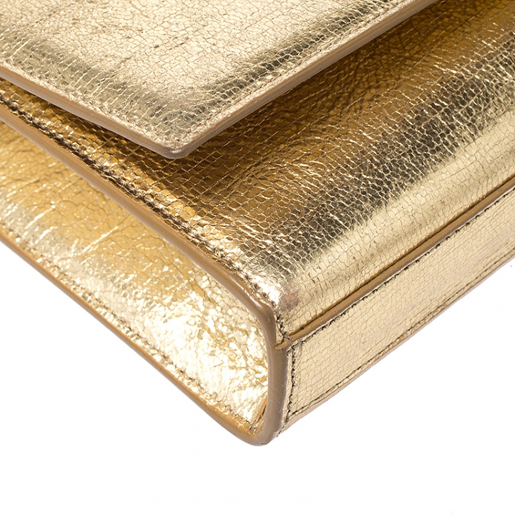 Pre Owned Saint Laurent Paris Gold Leather Monogram Cassandre Clutch