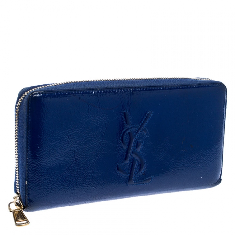 Pre Owned Saint Laurent Paris Blue Patent Leather Zip Around Wallet