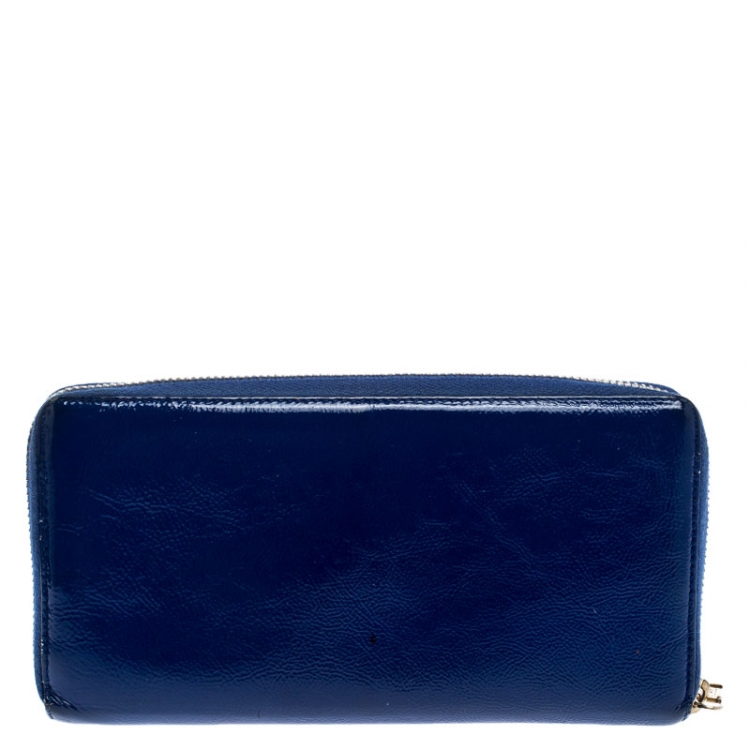 Pre Owned Saint Laurent Paris Blue Patent Leather Zip Around Wallet