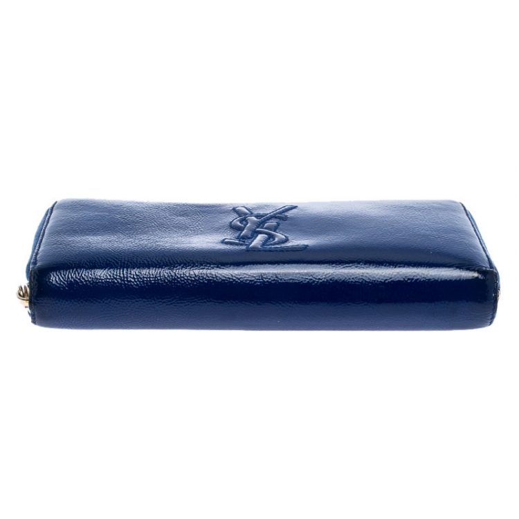 Pre Owned Saint Laurent Paris Blue Patent Leather Zip Around Wallet