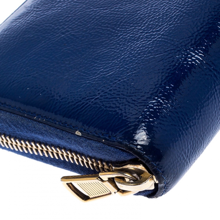 Pre Owned Saint Laurent Paris Blue Patent Leather Zip Around Wallet