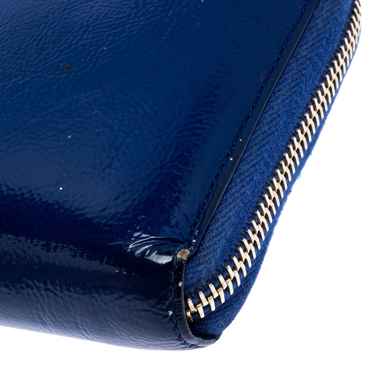 Pre Owned Saint Laurent Paris Blue Patent Leather Zip Around Wallet