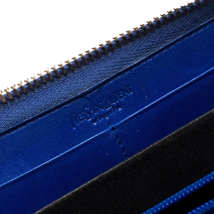Pre Owned Saint Laurent Paris Blue Patent Leather Zip Around Wallet