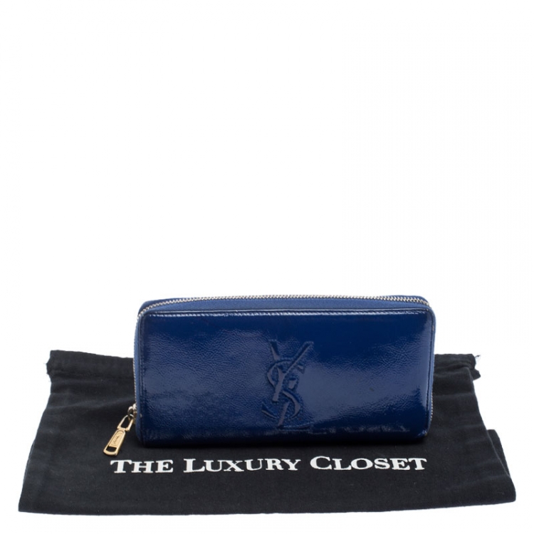 Pre Owned Saint Laurent Paris Blue Patent Leather Zip Around Wallet
