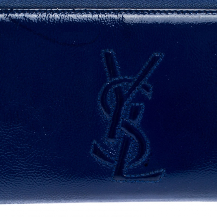 Pre Owned Saint Laurent Paris Blue Patent Leather Zip Around Wallet