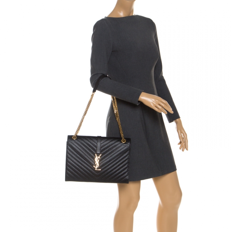 Pre Owned Saint Laurent Black Matelasse Leather Large Cassandre Flap Bag