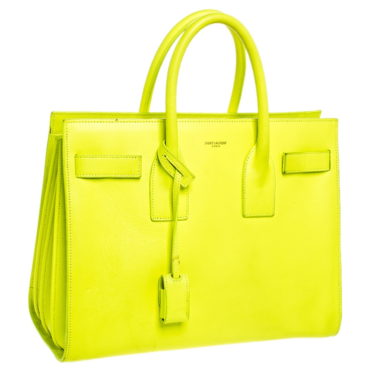 Pre Owned Saint Laurent Neon Green Leather Small Classic Sac De Jour Tote