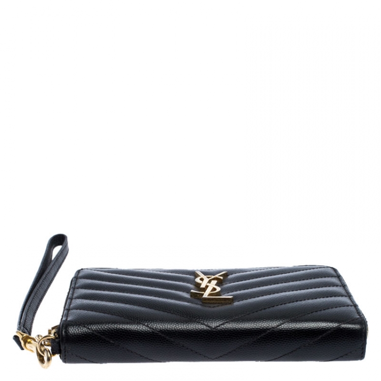 مملوكة مسبقًا Saint Laurent Paris Black Matelasse Leather Monogram Zip Around Wristlet Wallet