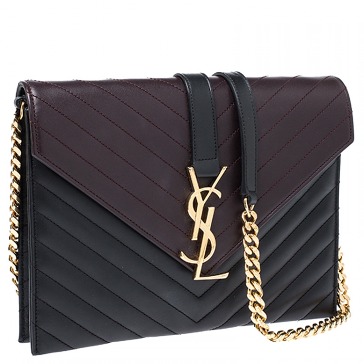 Pre Owned Saint Laurent Paris Black/Maroon Matelasse Leather Small Envelope Chain Shoulder Bag