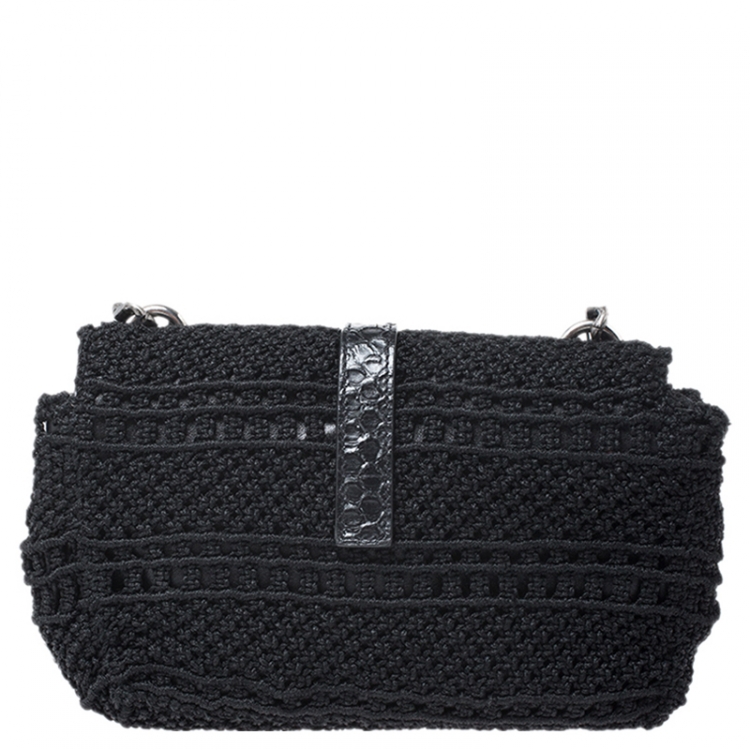Pre Owned Saint Laurent Black Crochet and Python Embossed Leather Baby Monogram Crossbody Bag