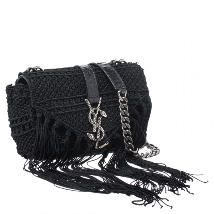 Pre Owned Saint Laurent Black Crochet and Python Embossed Leather Baby Monogram Crossbody Bag