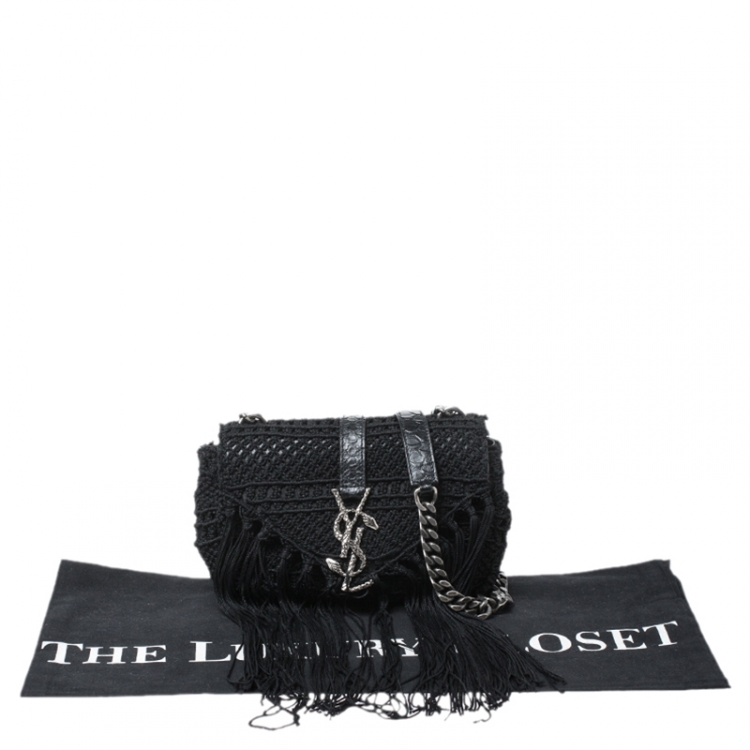 Pre Owned Saint Laurent Black Crochet and Python Embossed Leather Baby Monogram Crossbody Bag