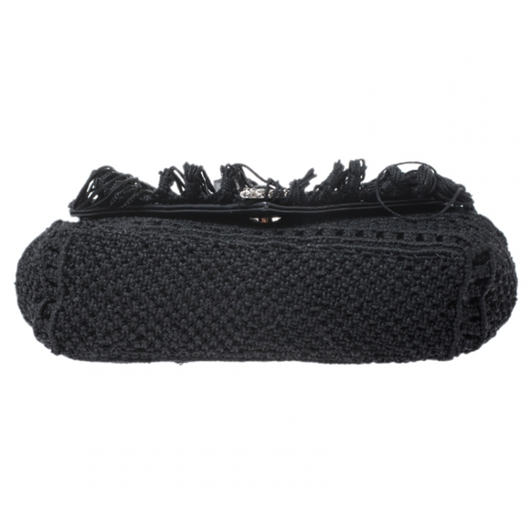Pre Owned Saint Laurent Black Crochet and Python Embossed Leather Baby Monogram Crossbody Bag