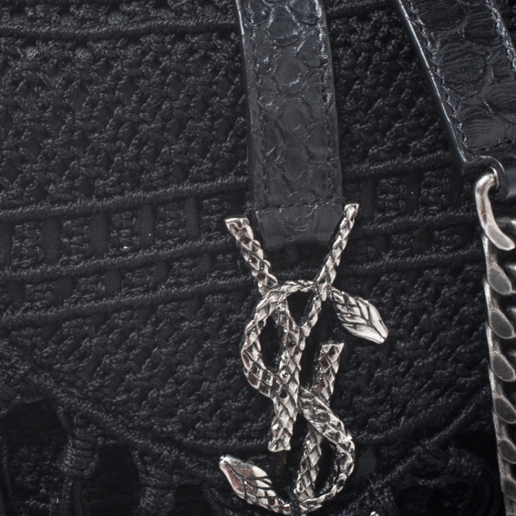 Pre Owned Saint Laurent Black Crochet and Python Embossed Leather Baby Monogram Crossbody Bag