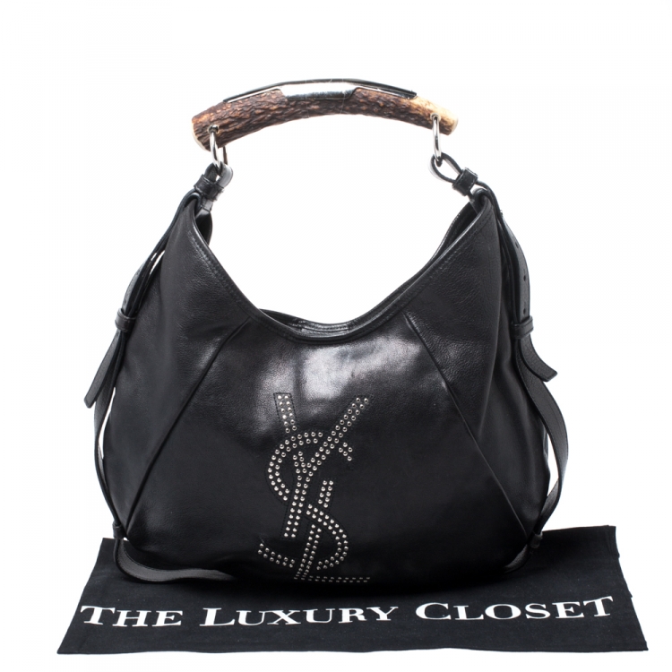Pre Owned Saint Laurent Paris Black Studded Logo Leather Mombasa Hobo 
