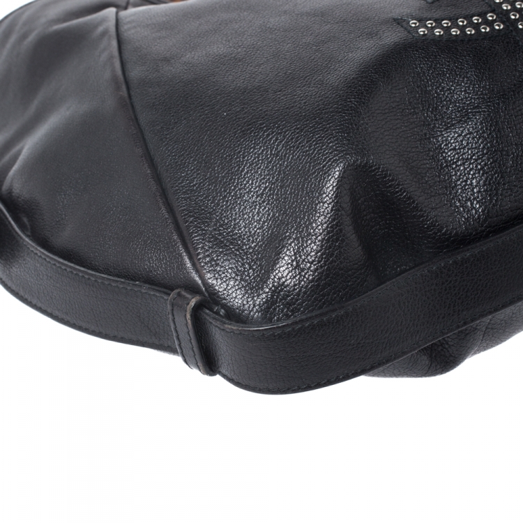 Pre Owned Saint Laurent Paris Black Studded Logo Leather Mombasa Hobo 