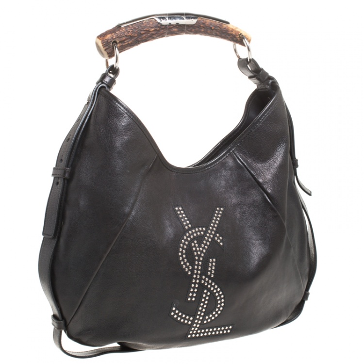 Pre Owned Saint Laurent Paris Black Studded Logo Leather Mombasa Hobo 