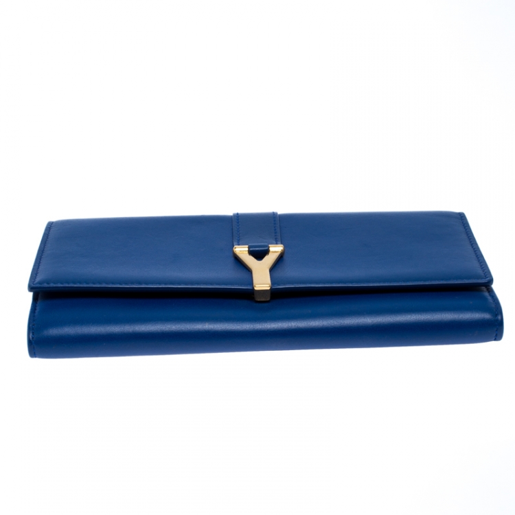 Pre Owned Saint Laurent Paris Blue Leather Y-Ligne Flap Wallet