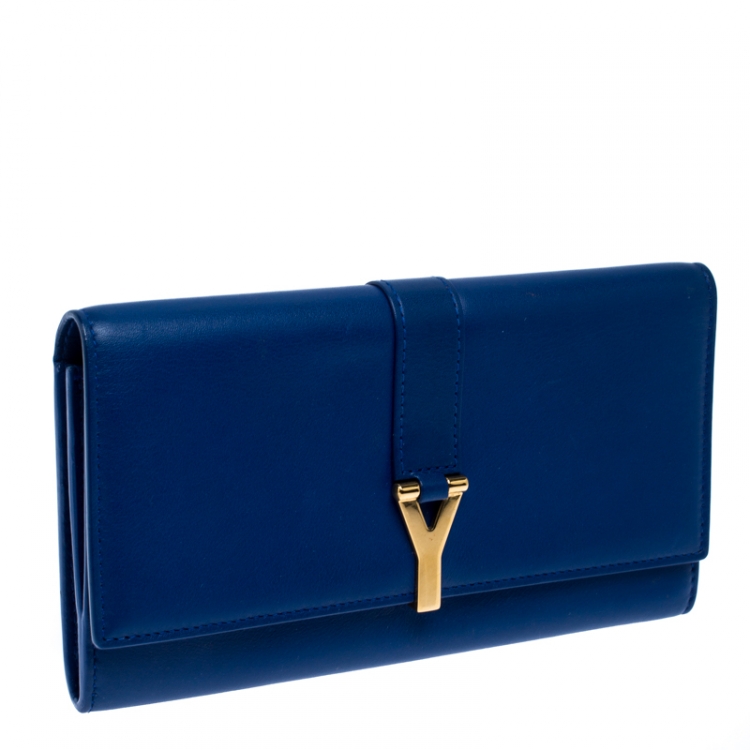 Pre Owned Saint Laurent Paris Blue Leather Y-Ligne Flap Wallet