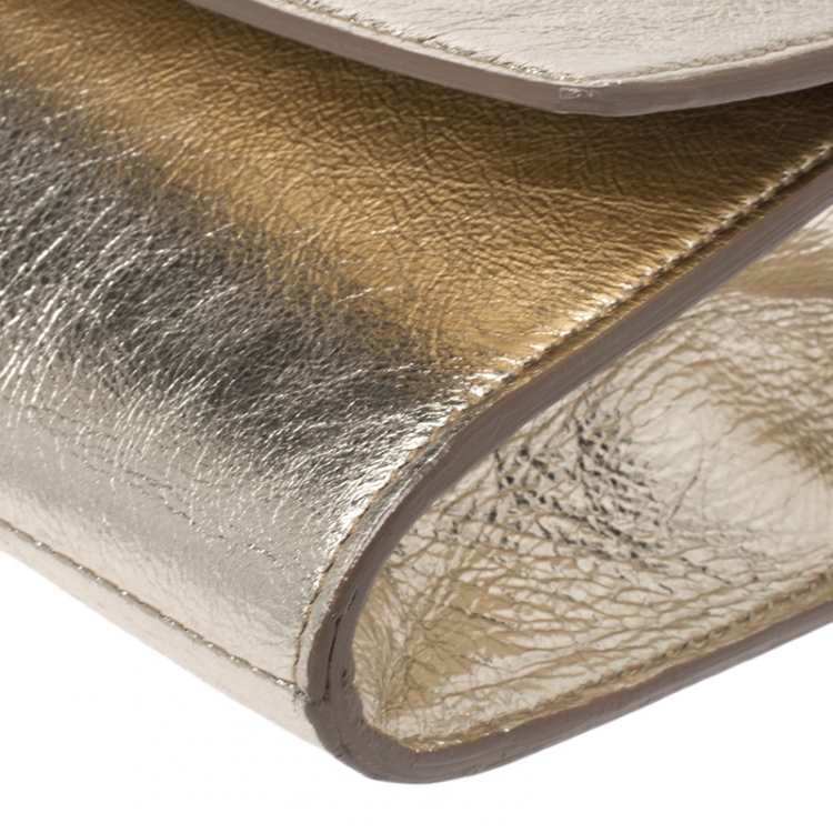 Pre Owned Saint Laurent Metallic Gold Leather Belle De Jour Flap Clutch