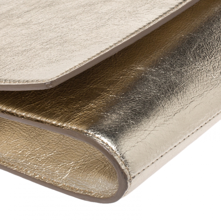 Pre Owned Saint Laurent Metallic Gold Leather Belle De Jour Flap Clutch