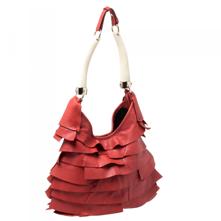 Pre Owned Saint Laurent Paris Orange Ruffle Leather St Tropez Horn Hobo