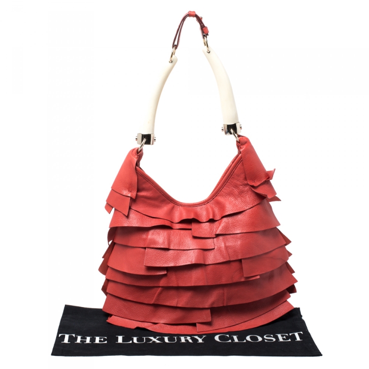 Pre Owned Saint Laurent Paris Orange Ruffle Leather St Tropez Horn Hobo