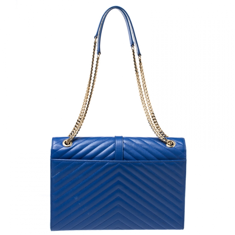 Pre Owned Saint Laurent Blue Chevron Leather Monogram Envelope Shoulder Bag