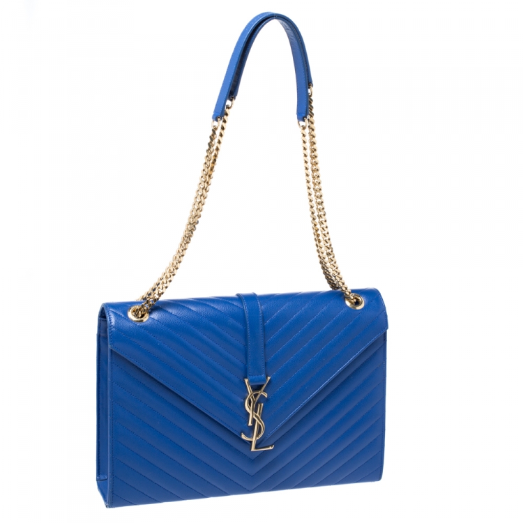Pre Owned Saint Laurent Blue Chevron Leather Monogram Envelope Shoulder Bag