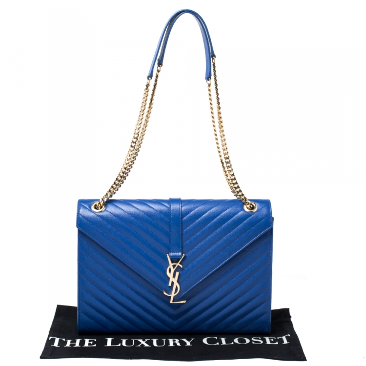 Pre Owned Saint Laurent Blue Chevron Leather Monogram Envelope Shoulder Bag