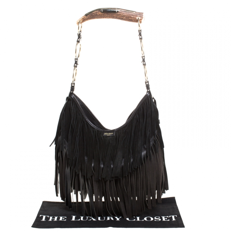 Pre Owned Saint Laurent Paris Black Suede Fringe Mombasa Hobo