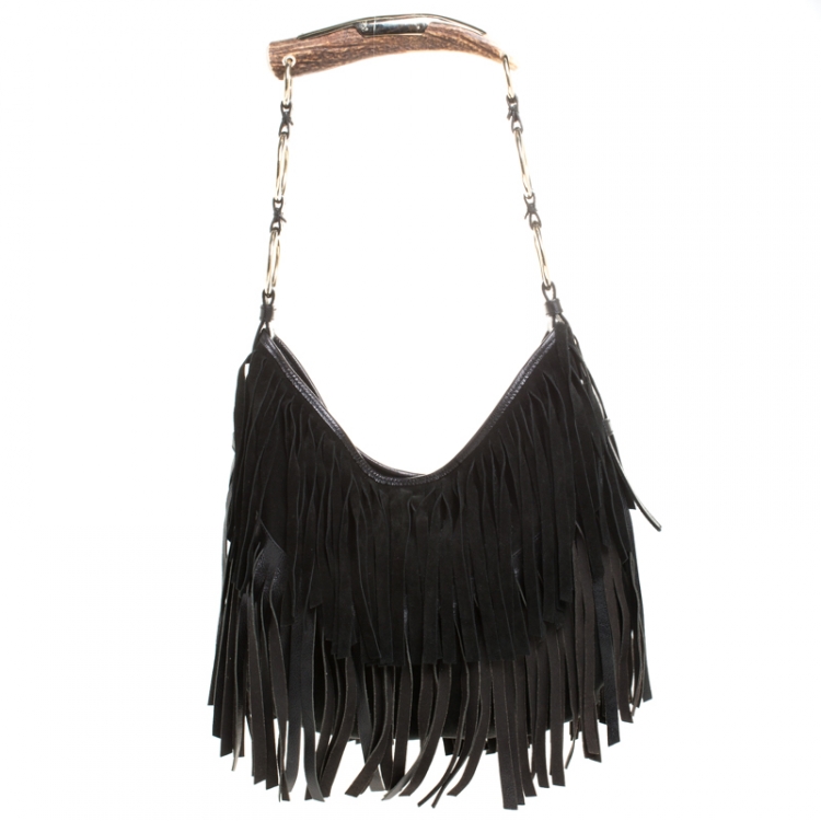 Pre Owned Saint Laurent Paris Black Suede Fringe Mombasa Hobo