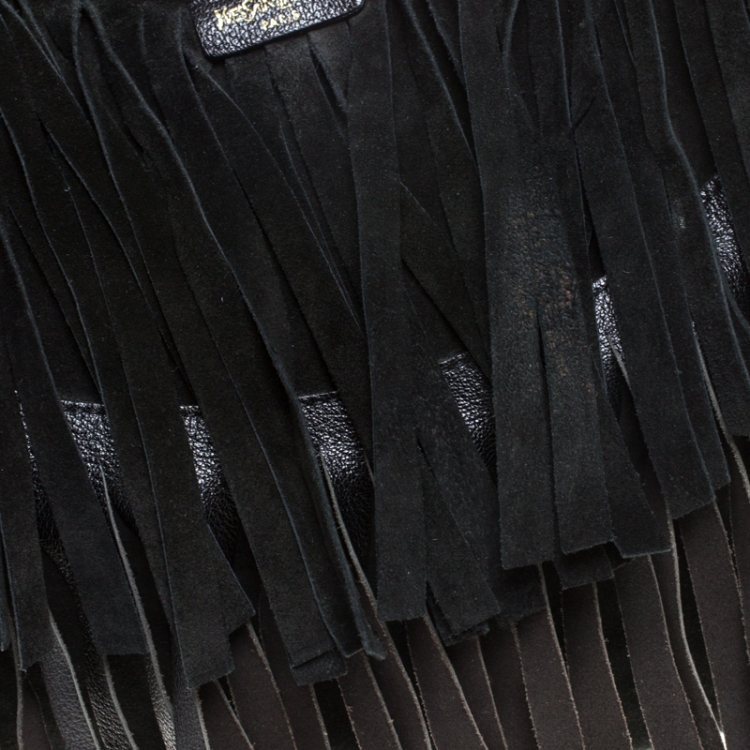 Pre Owned Saint Laurent Paris Black Suede Fringe Mombasa Hobo